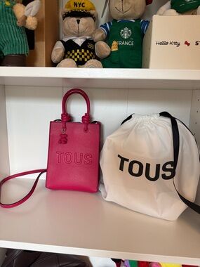 TOUS Hot Pink Leather Mini Crossbody Tote with Bear Charm